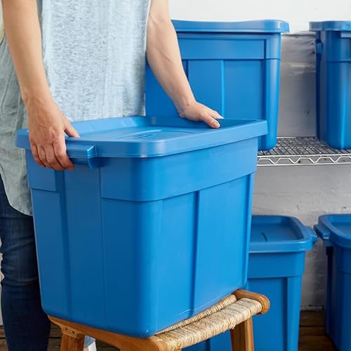 Image of Rubbermaid Roughneck Tote 18 Gal, 6 Pack, Made in USA, Heritage Blue, Rugged Plastic Stackable Storage Bins with Lids and Handles