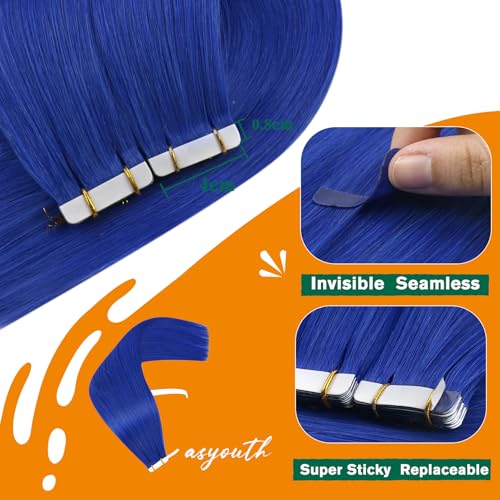 Image of Easyouth Blue Tape in Hair Extensions Human Hair Colorful Tape ins Hair Extensions Blue for Party Colored Tapes in Human Hair Extension Quick Application 16 Inch 50g 20pcs