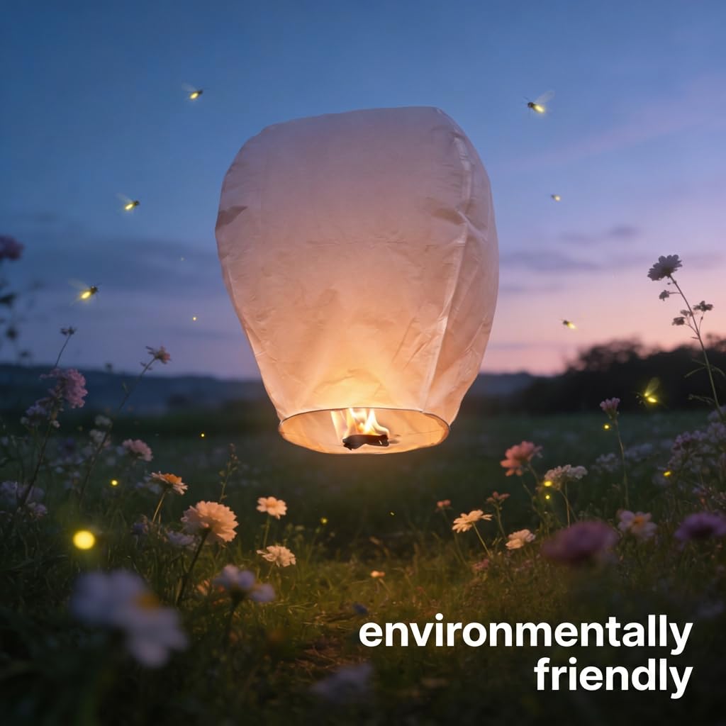 Ediesi, Lanterne Cinesi Volanti, 10 Pezzi, 100% Biodegradabile, di Carta, Bianco, Sky Lanterns, con un Pennarello per Scrivere i Desideri