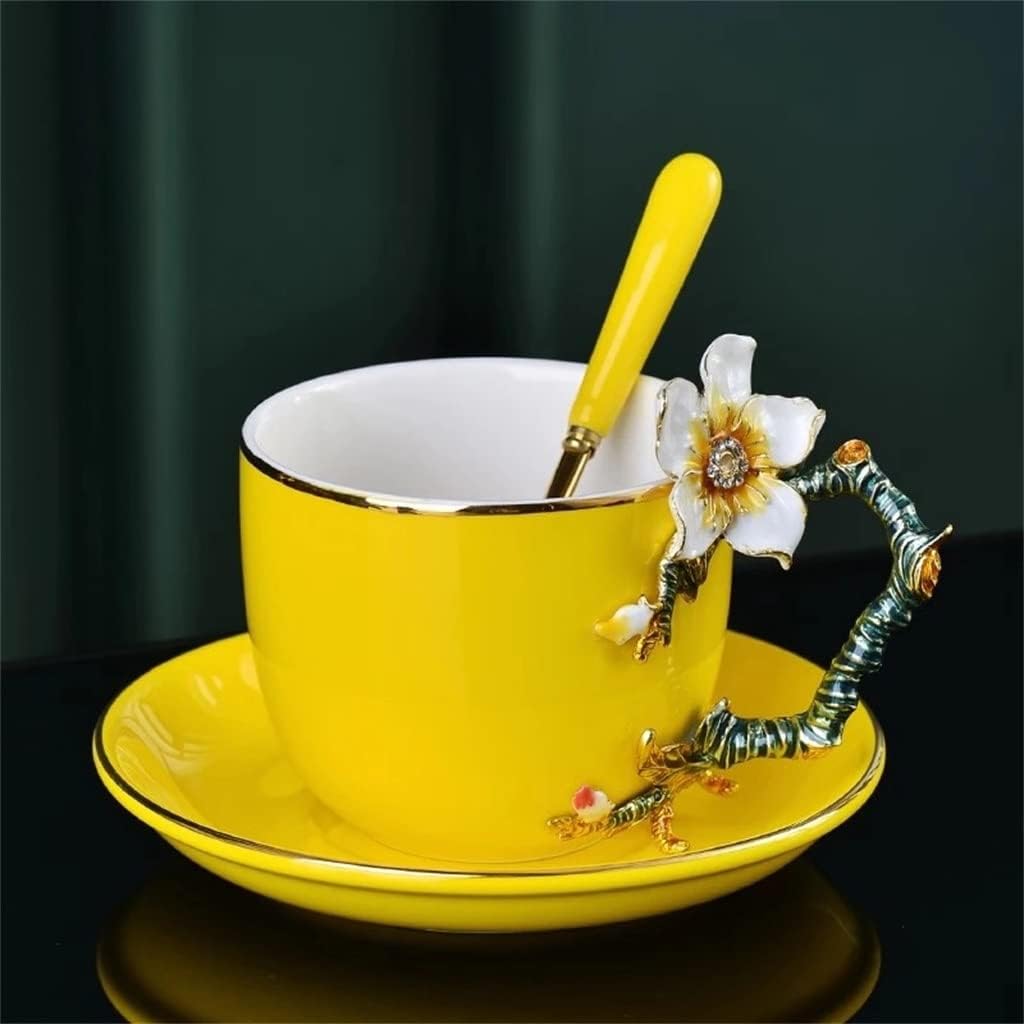 Ceramic Handmade Enamel Painted 3D Flower Coffee Cup With Saucer Set Office Teacup Porcelain Milk Mug(E)
