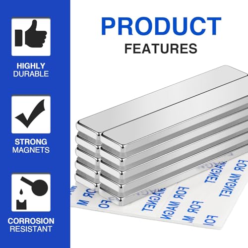 Image of MIKEDE Magnets, 9 Pack Strong Neodymium Bar Magnets with Adhesive Backing, Rare Earth Fridge Magnet Heavy Duty, Metal Powerful Magnet for Craft, Whiteboard, Garage, Kitchen - 60x10x3 mm