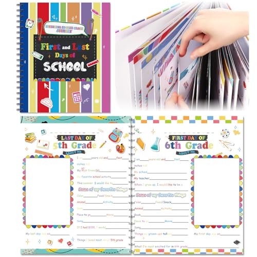 Fullhawl School Memory Book Hardcover Scrapbook Album First and Last Day of School Photo Album from Preschool to 12th Grade with 15 Pockets for Storage Portfolio Photo Pictures Graduation Gift(Stripe)