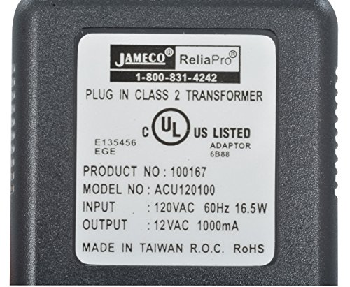 jameco reliapro acu120100d0531 ac to ac wall adapter transformer 12v  1000 ma straight 25 mm female plug black - 100167