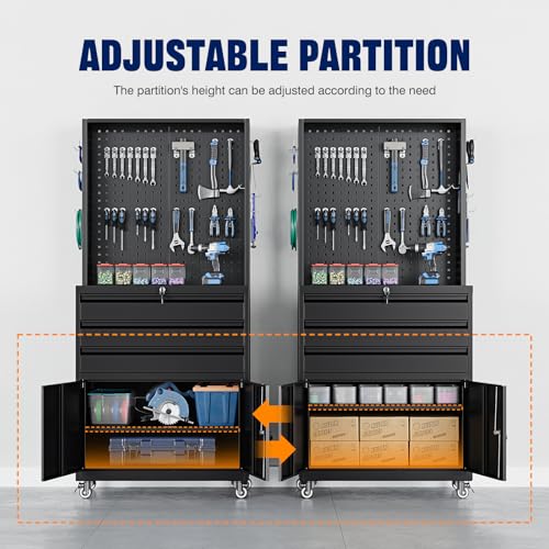Image of Yizosh Metal Garage Storage Cabinet with Wheels,3-Drawer Rolling Tool Cabinet with 2 Door and Adjustable Shelves,- 71 inch Steel Tool Cabinet for Warehouse,Garage,Workshop