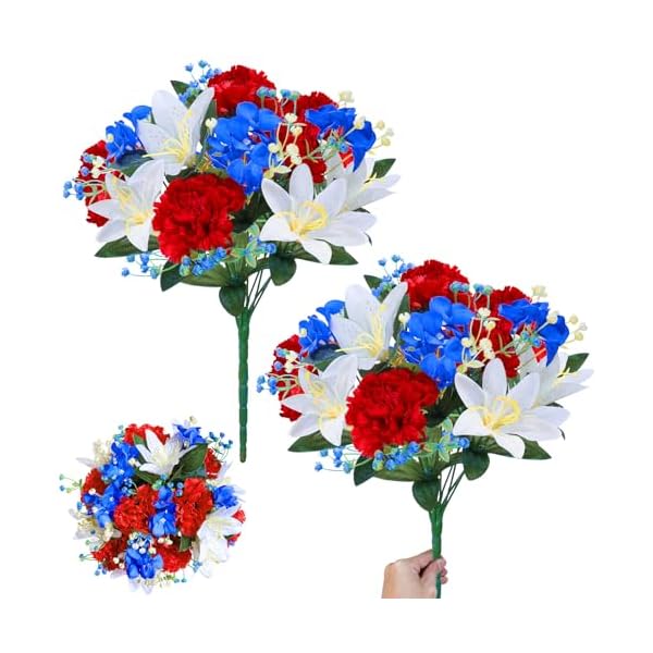   22-Heads-Cemetery-Flowers-for-Grave-2-Bunches-16-Inch-Artificial-Fake-Flowers-Patriotic-Memorial-Bouquets-4th-of-July-Red-White-Blue-Carnations-Lily-Hydrangea-Flowers-for-Outdoor-Indoor-Home-Decor