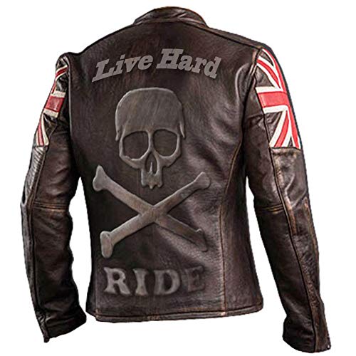 paramount-fashion UK Flagge Vintage Biker Style Motorrad aus echtem Leder Motorrad Jacke Dunkelbraun mit Totenkopf Logo auf Rückseite-XL geprägt