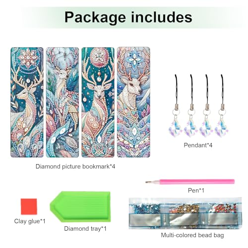 Image of 4 Pack DIY Diamond Painting Bookmarks, Special Shaped Deer Design Handmade Crystal Rhinestone Bookmark Kits with Tassel, Sparkling Art Bookmark for Reading Enthusiasts