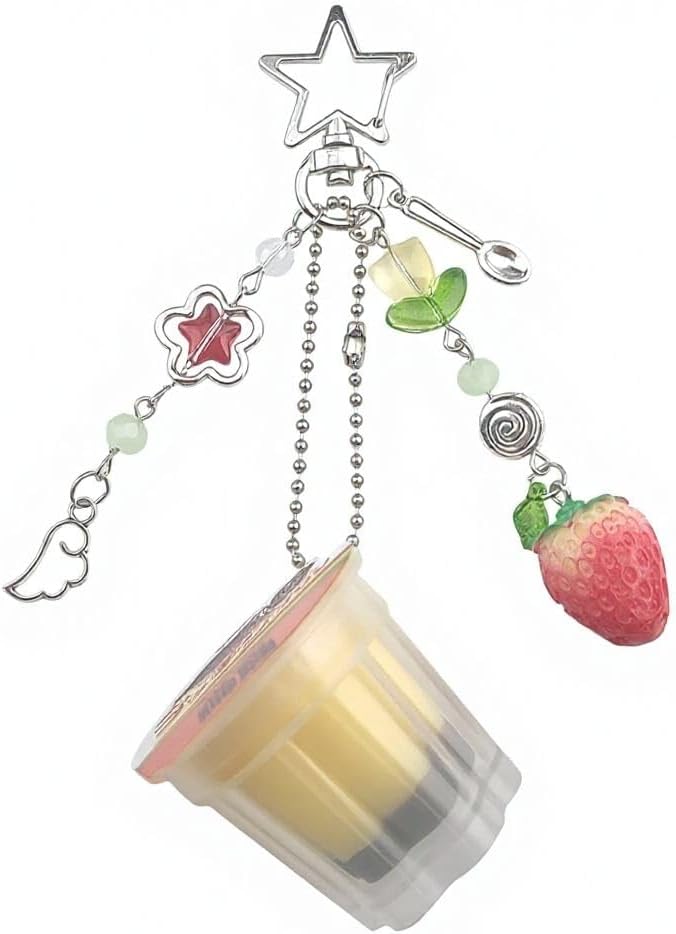 Pudding Cup Keychain with Star Clip, Strawberry and Butterfly Charms, Cute Aesthetic Bag Accessory