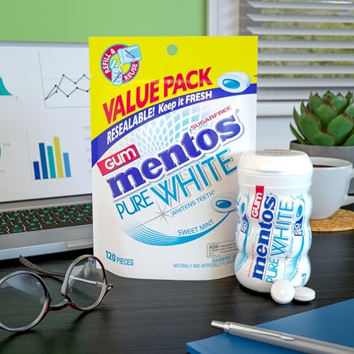 Image of Mentos Pure White Sugar-Free Chewing Gum With Xylitol, Sweet Mint, 120 Piece Bulk Resealable Bag (Pack of 2)