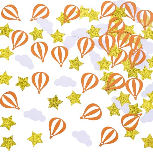 Image of MOWO Gold Star White Clouds Orange Hot Air Balloons Confetti | Baby Shower Graduation Birthday Wedding Theme Party, 1.2 inch in Diameter, 200 Counts