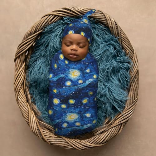 Image of Starry Sky Watercolor Painting Newborn Swaddle Blankets Hat Sets Soft Baby Receiving Blanket Swaddle Sack for Baby Shower Infant Boy Girl Gift
