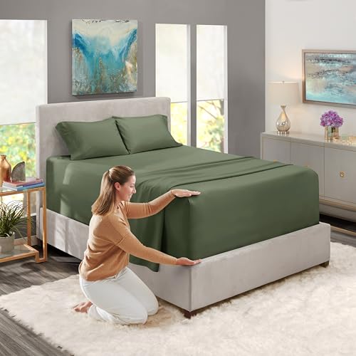 Image of Nestl King Size Sheet Set, 4 Piece Extra Deep Pocket (18-24 inches), Microfiber, Hotel Luxury, Soft, Breathable, Wrinkle-Free, Easy to Care, Olive Green