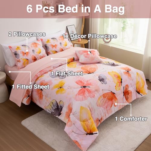 Image of A Nice Night 6pcs Bed in A Bag Watercolor Ink Wash Tie-Dye Butterfly Printed, Butterflies Bedding Comforter Set, Orange Full
