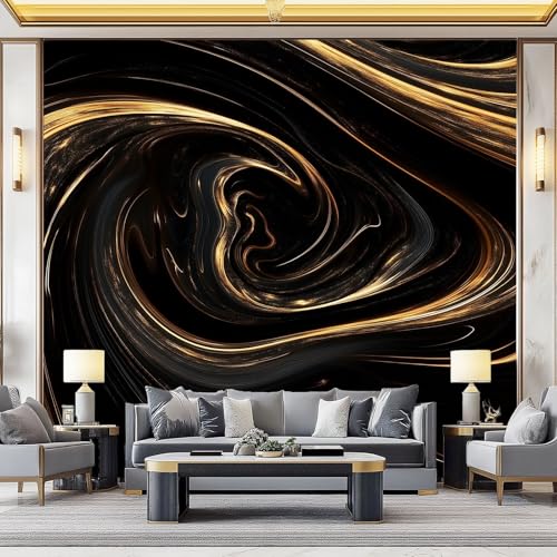 Papel pintado con patrón panorámico Líneas Elegantes De Lujo Mural de papel pintado no tejido para decoración de dormitorio y sala de estar 200 x 140 cm, Negro Dorado