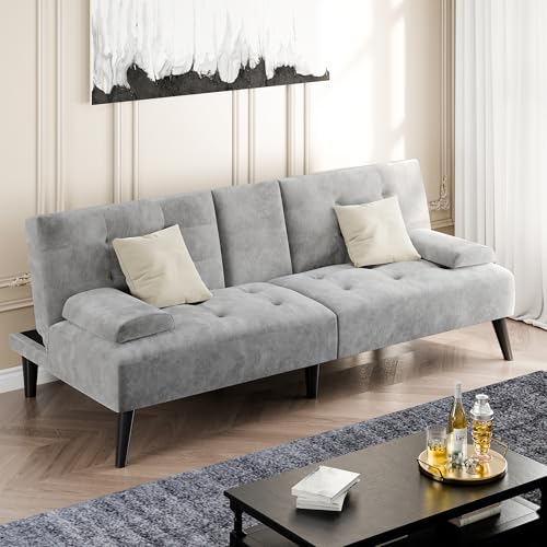 Image of Shintenchi Futon Sofa Bed, Velvet Foldable Couch, Reclining Sleeper with Removable Armrests, Upholstered Loveseat Sofa Couch with Folding Cup Holders for Home, Office, Light Gray