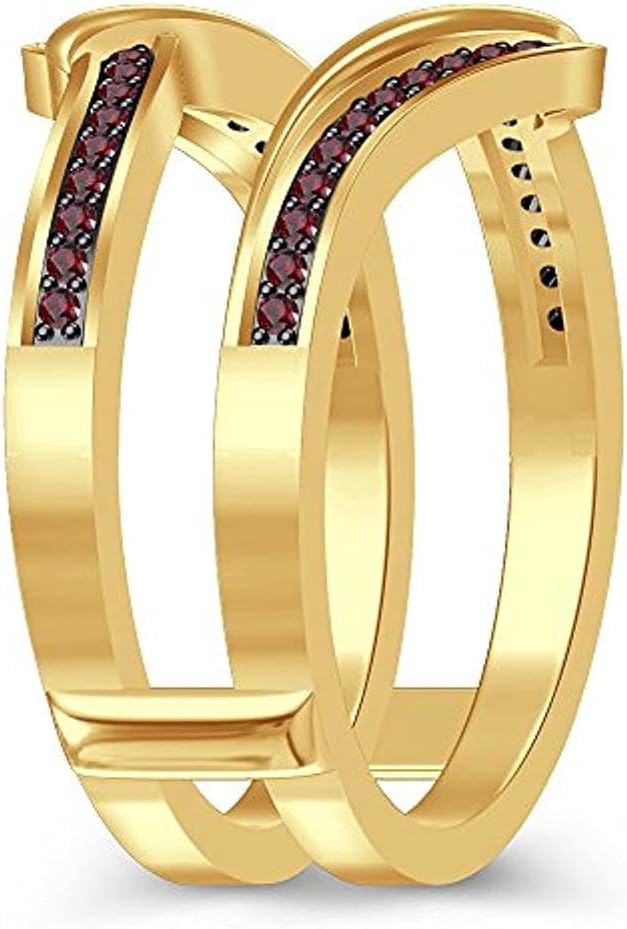 Women's 14K Yellow Gold Plated Sterling Silver Round Cut Red Garnet Wedding Band Enhancer Guard Ring
