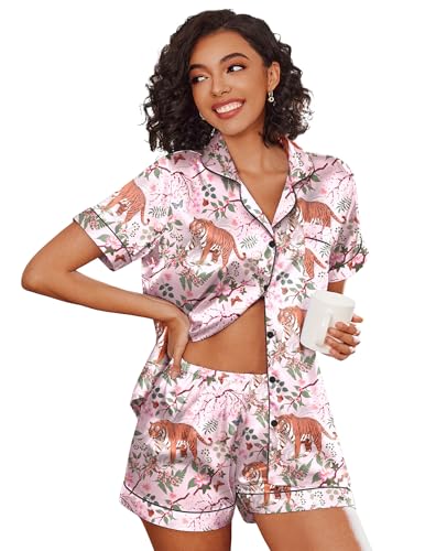 Image of Ekouaer Womens Silk Satin Pajama Sets Soft Short Sleeve Button Down Sleepwear Top and Shorts 2 Piece Pjs Lounge Set,Pink-Tiger,L