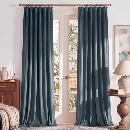 RYB HOME Dusty Blue Velvet Blackout Curtains for Bedroom Living Room Nursery Thermal Insulated Light Blocking Floor Length Window Drapes with Hook Belt for Modern Decor 52 W x 84 L 2 Panels Set