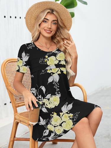 Image of Heymoments Women's Short Sleeve Crewneck Sundress Summer Casual A-Line Beach Dress with Pockets S-2XL