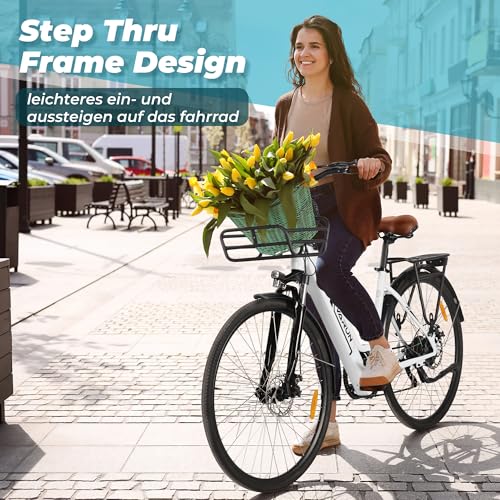 VARUN E-Bike Damen 28 Zoll City Bike Tiefeinsteiger | 36V 360Wh Akku | Drehmomentsensor | 3 Modi, 6-Gang, LCD | CE, mit Korb & Gepäckträger | 90% vormontiert