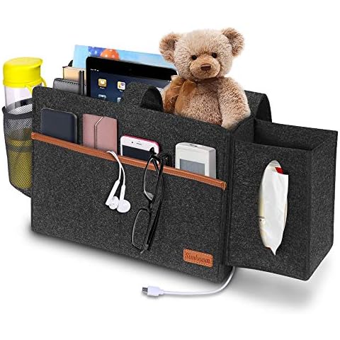 SIMBOOM Bedside Bunk Bed Organizer Felt Hanging Storage Bag with Tissue Box and Water Bottle Pocket, Magazine Books Holder for Home College Dorm Sofa Desk Bunk Bed - Dark Grey Cover