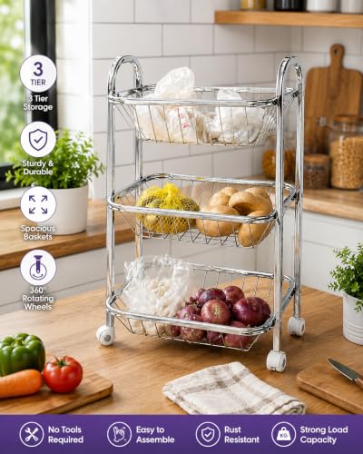 Image of Stainless Steel 3-Tier Kitchen Trolley with Wheels, Vegetable and Fruit Storage Organizer Basket Rack Stand.