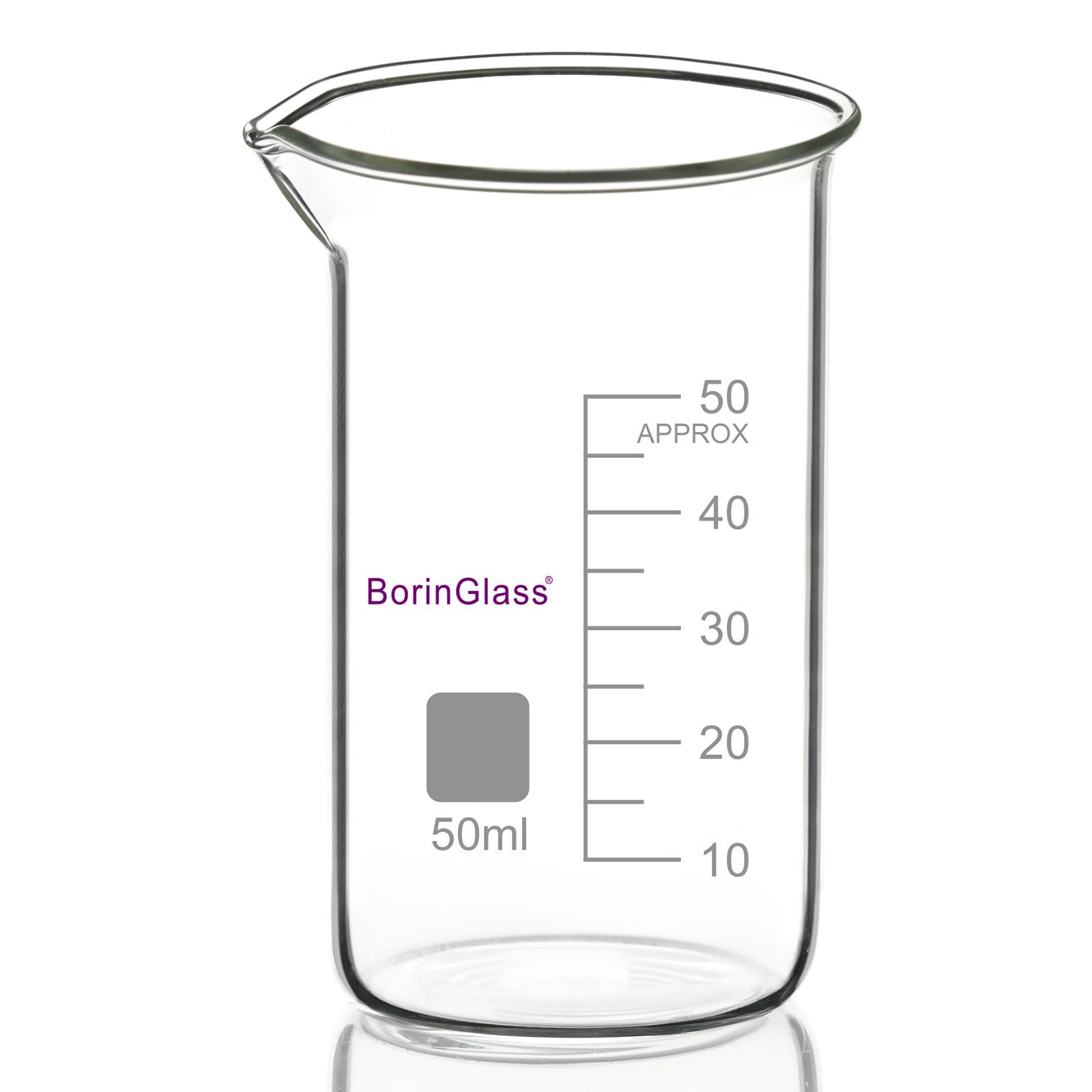 BorinGlass High Borosilicate Glass Beaker with Pouring Spout, 1-Pack 50 ml Graduated Tall Lab Beaker