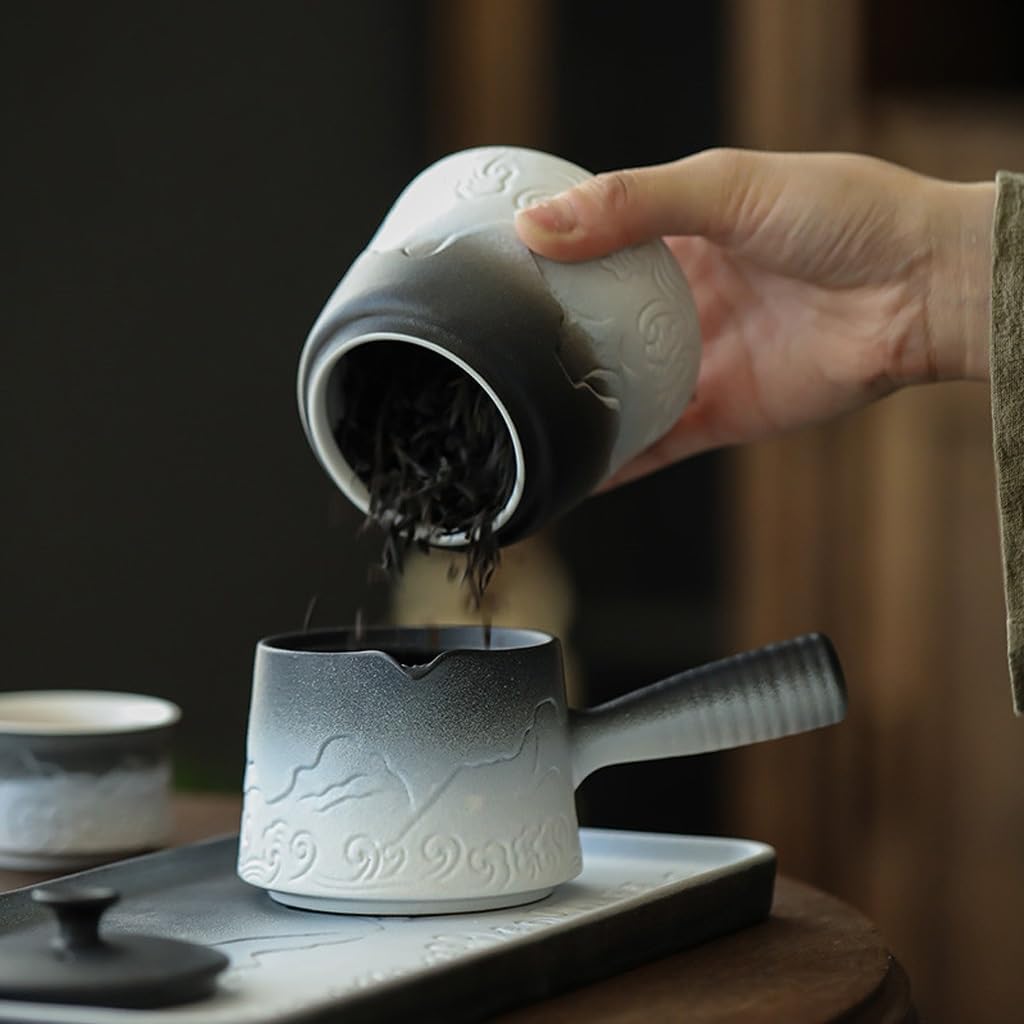 Tea Storage Tank Japanese Kiln-changed Ceramic Tea Cans, Personalized Tea Packaging Cans, Moisture-proof Sealed Storage Cans, Hand-made Relief Cans Multifunctional Storag,A