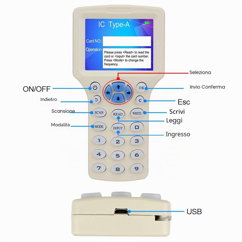 CIFY Programmatore di schede IC HID ID, lettore NFC, scrittore/lettore/duplicatore di accesso RFID a 10 frequenze 125KHz 13,56MHz, con interfaccia USB, 10 carte chiave T5577 / UID gratuite