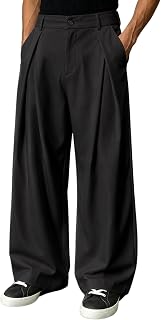 Percle Mens Baggy Casual Pants Elastic Back Waist Pleated Wide Leg Slacks | Relaxed Fit, Old Money Style Office Work Business Comfort Trousers, Loose Fit Dress Pants