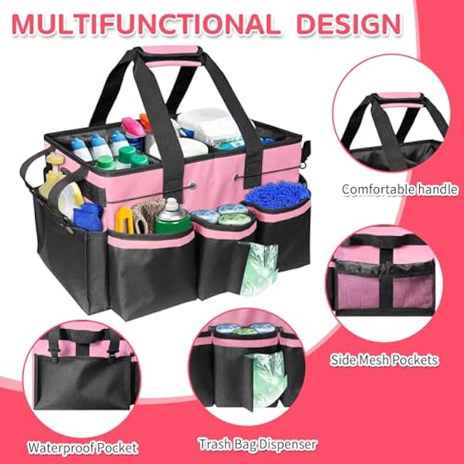Boczif Cleaning Caddy Bag Wearable, Cleaning Caddy Supplies Organizer with Handle, Shoulder Straps & Detachable Divide, Cleaning Tool Organizers Tote Bag for Cleaners & Housekeepers(Pink)