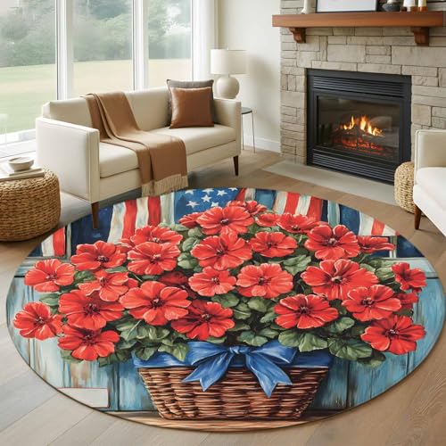 Round Rugs 7ft, 4th of July Non Slip Washable Rug