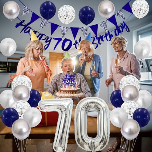 Image of 70th Birthday Decorations for Men Women, Blue Silver White Birthday Balloons, Blue Happy 70th Banner Cake Topper Number 70 Foil Balloon for 70 Year Old Party Decoration