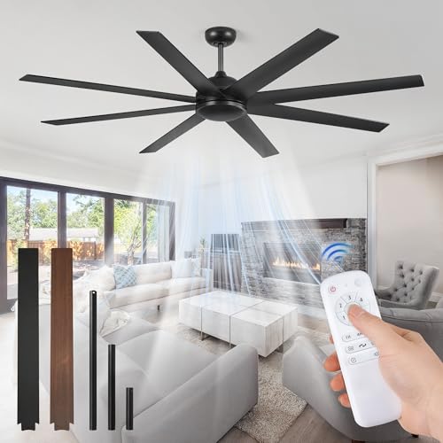 72 Inch Ceiling Fan no Light, Black Ceiling Fan with Remote, 6-Speeds, Quiet Reversible DC Motor, Industrial Ceiling Fans without Lights for Living Room, Garage, Patio, Indoor/Outdoor Use
