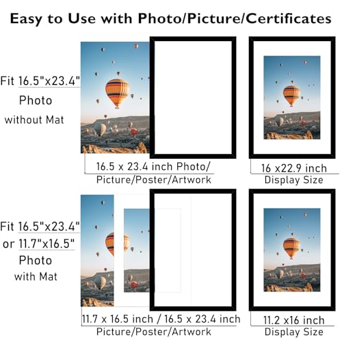 Image of JCJMY 16.5x23.4 A2 Picture Frame Black with 11.7x16.5 A3 Mat, Display Photo 11.7x16.5 with Mat or 16.5 x 23.4 Without Mat, Wall Hanging Large Frame with Plexiglass, Black