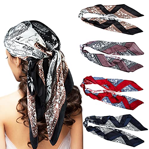 Chalier 4 Pcs Silk Feeling Head Scarf for Women, 35 x 35 Inches Silky Satin Neck Head Hair Scarf for Women Fashion Soft Silk Bandana Beautiful Gifts