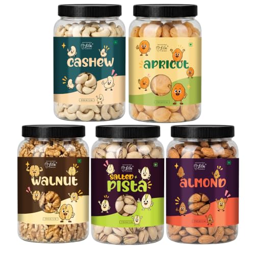 Image of LILA DRY FRUITS Dry Fruits Combo Pack of Almonds, Cashews, Pistachios, Walnuts & Apricots 100 Gms x 5 Mixed Nuts & Dried Fruits for Healthy Snacking Perfect for Gifting