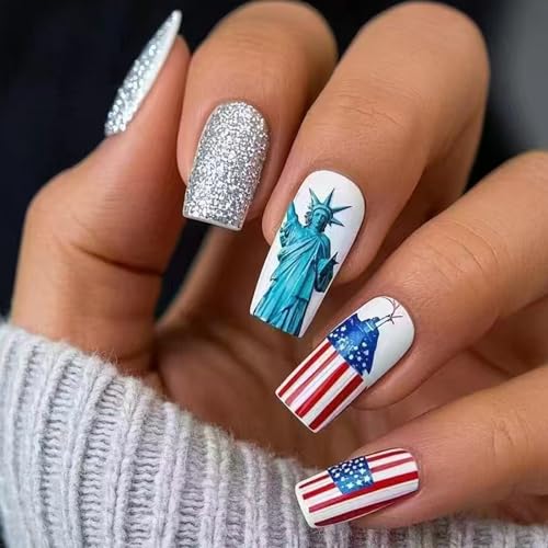 24 個 Mediuim スクエア プレス オン ネイル 独立記念日 人工独立記念日 スティック アクリル 偽