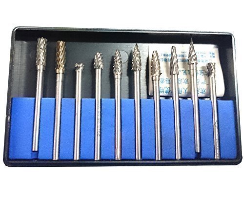 Wokesi Pack of 10,1/6''(4mm) Diameter,1/8''(3mm) Shank,Solid Tungsten Carbide,Rotary Burr Set,Taper Points Grinding Head Fit Dremel Engraving Bits Cutting Endmill Micrograin Buffing Burrs Tools