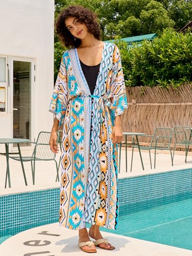 Image of Women's Kimono Cover Up Long Beach Dress Swimsuit Cover Ups Colorful Cardigan Lightweight Robe for Swimwear