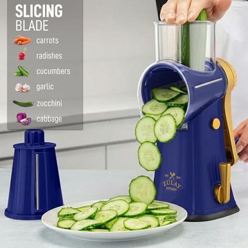 Image of Zulay Kitchen Rotary Cheese Grater 5 Blade Cheese Shredder - Manual Hand Crank Cheese Grater With Reinforced Suction & 5 Interchangeable Drums - Easy to Use, Vegetable Chopper Round Mandoline Slicer