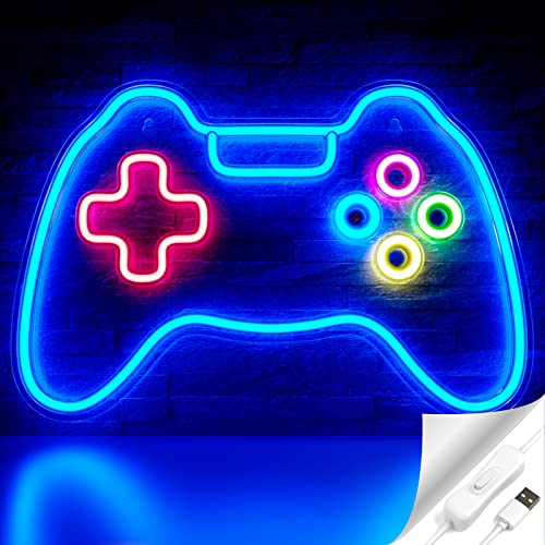 Cisteen Game Neon Sign, Gamepad Shape LED Neon Light Signs with Acrylic Board, USB Powered Game Room Decoration Wall Light