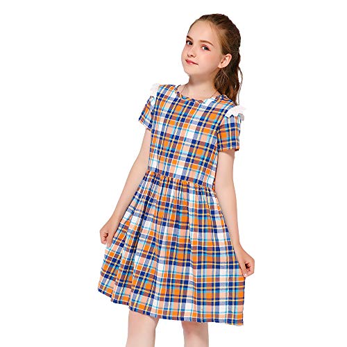 Kseniya Kids Girls Short Sleeve Plaid Dress for School Daily (5-6 Years) Orange