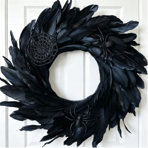 Egolot Halloween Black Feather Wreath for Front Door