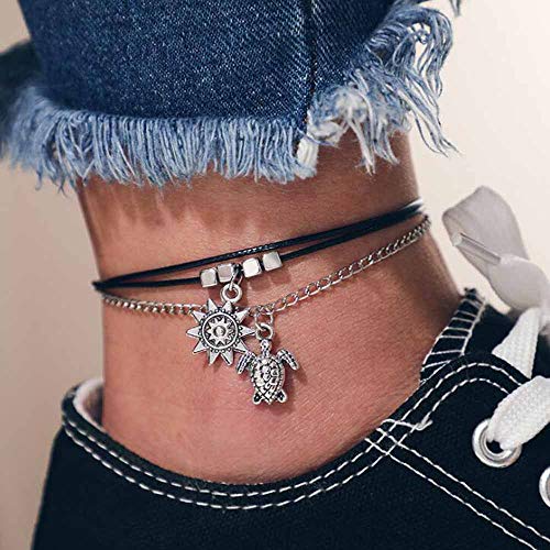Preisvergleich Produktbild Jovono Boho Mit Miltilayered Fußkettchen Schildkröte und Sonne Anhänger Fußkettchen Armbänder Fashion Beach Foot Jewelry für Frauen und Mädchen (Silber)