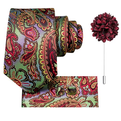 Image of Dubulle Mens Tie and Lapel Pin Paisley Striped Floral Necktie for Men Pocket Square Cufflinks 4PCS Set Wedding Party