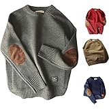 メンズ クルーネック セーター 長袖 ヴィンテージ ニット プルオーバー トップ、カジュアル ルーズ 厚手 ニット セーター エルボーパッチ付き (グレー、L)