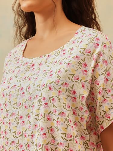 Image of Clovia Women's Floral Print T-Shirt & Pyjama Korean Night Suit for Girls | Rayon Korean Night Dress Set | Comfortable Multicolor Sleepwear