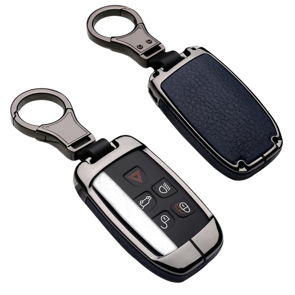 Woniyal 1 Pc Car Key Fob Cover for Land Rover Discovery Sport Defender Freelander Range Rover Evoque Velar, Zinc Alloy Leather Full Protection,Black-Blue