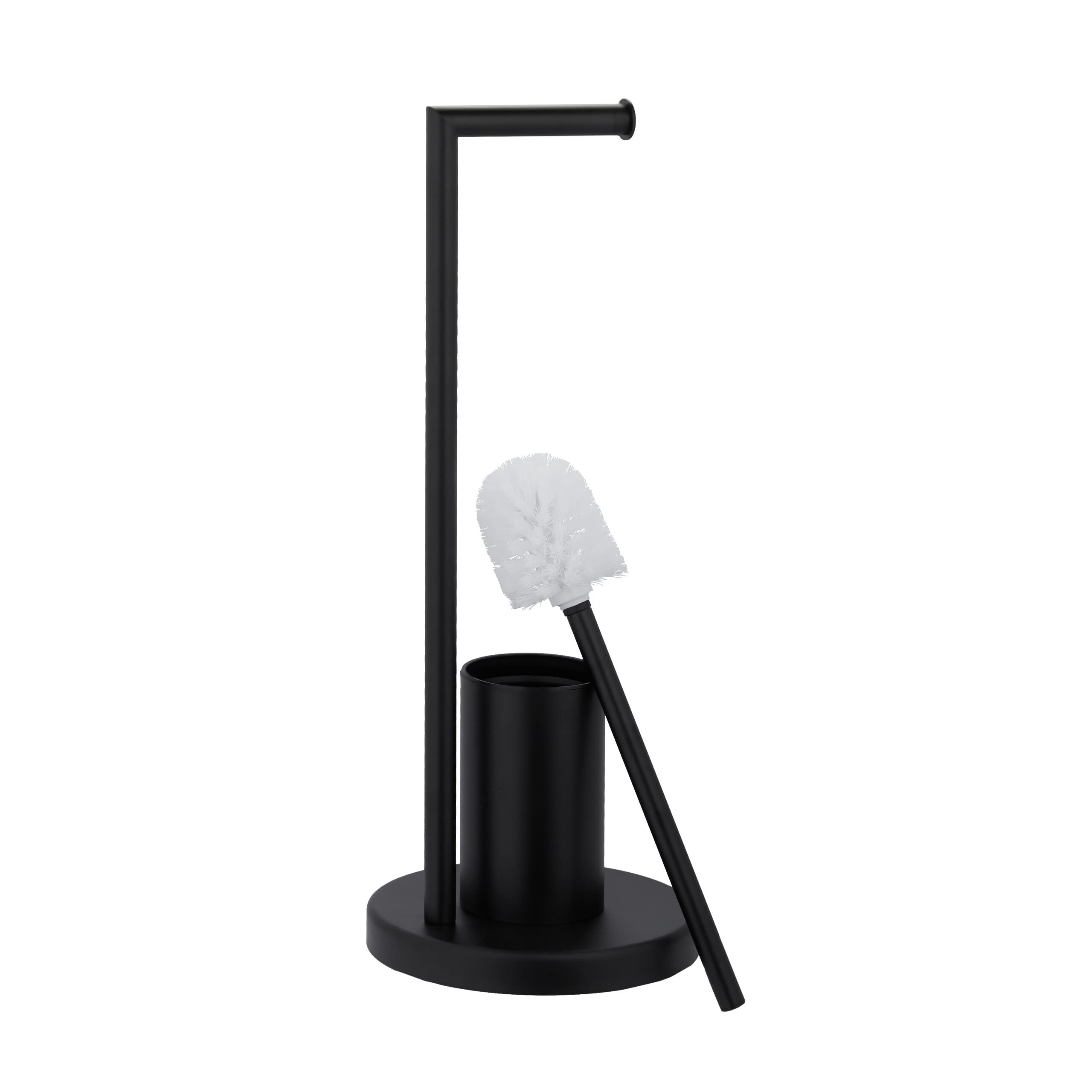 Relaxdays Piantana Portarotolo e Scopino, WC, Bagno, Carta Igienica e Portascovolino, Acciaio, HxD: 53 x 20,5 cm, Nero, Inox